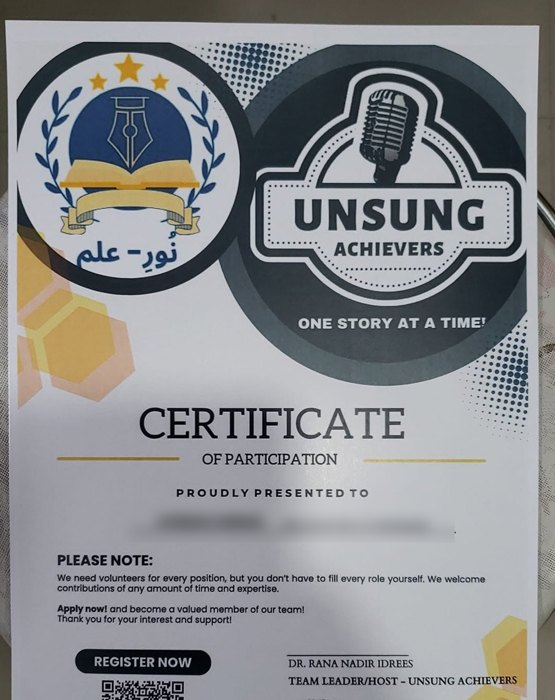 An Unsung Achievers certificate of participation